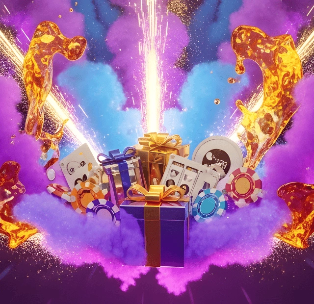 FunBet welcome bonus promotion showing a gift box with casino chips, playing cards, and coins, representing how to claim the FunBet signup bonus and start playing slots and casino games
